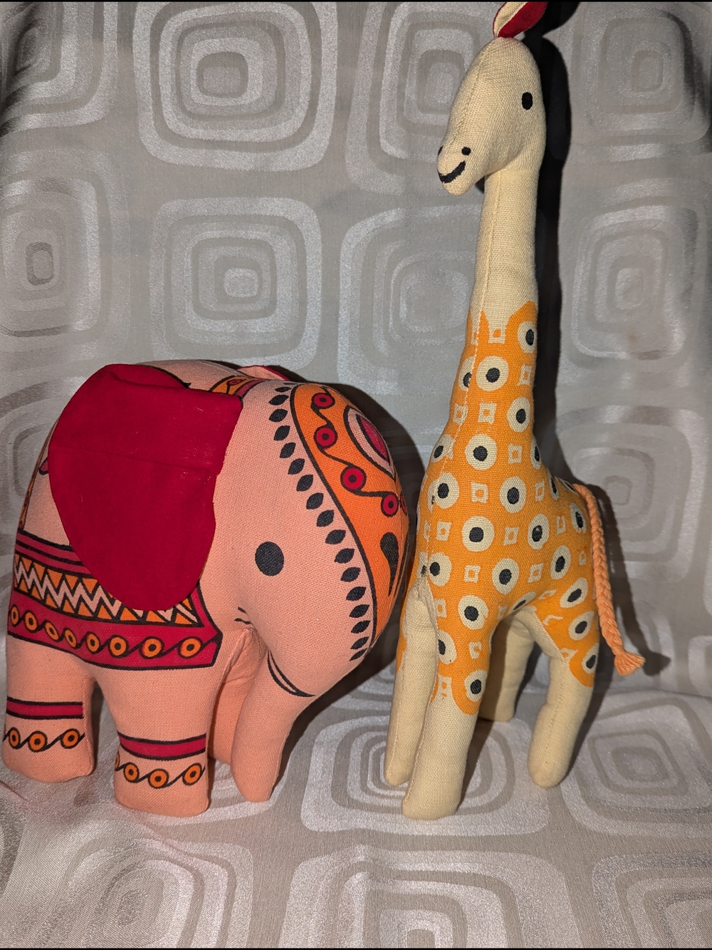 Vintage Handmade Plush Elephant and Giraffe Set